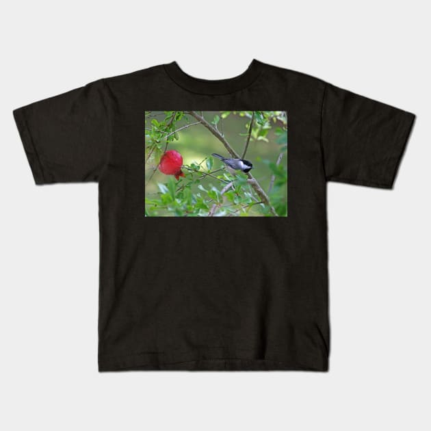 Chickadee in a Pomogranete Tree Kids T-Shirt by EileenMcVey